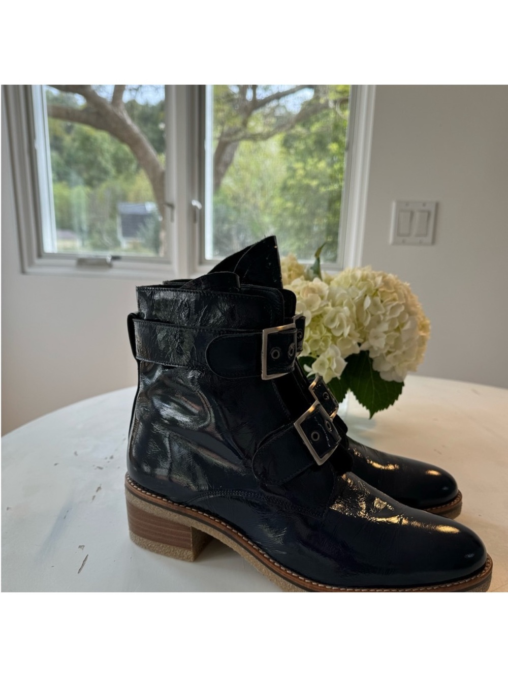 Eric Michael Black Patent Buckle Combat Boots